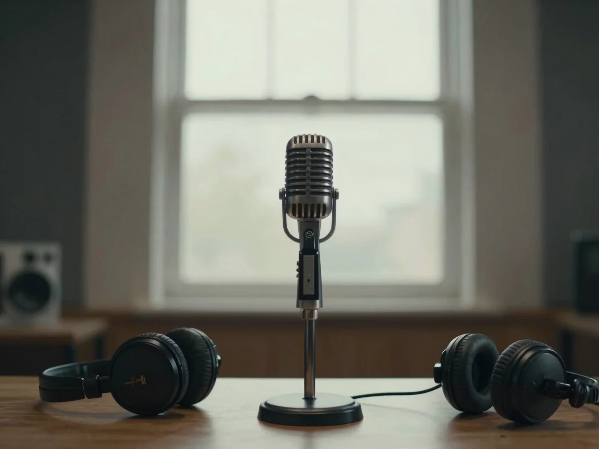 Focused podcast recording room detail with vintage microphone and